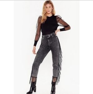NASTY GAL Black Fringe Cropped High Waisted Jeans